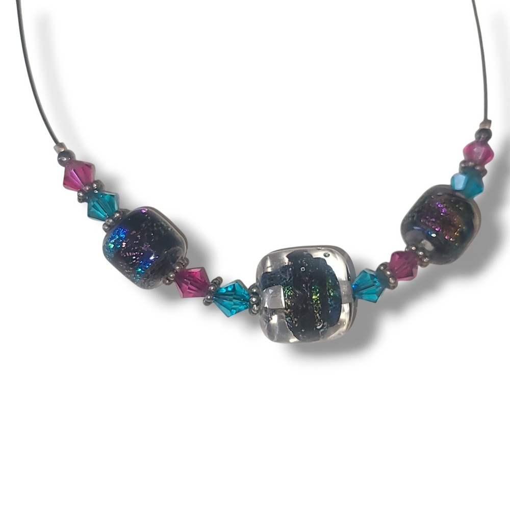 Art Glass Dichroic Bead Necklace Pink Teal Crystal Accent Wire Choker 18"‎